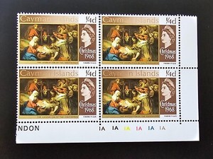 Cayman Islands 1968 Christmas BLOCK STAMPS 1/4d Brown Sc 204. SG 215 PLATE #1A 