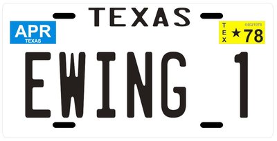 J.R. Jock Ewing 1 Dallas TV show 1978 Texas License plate