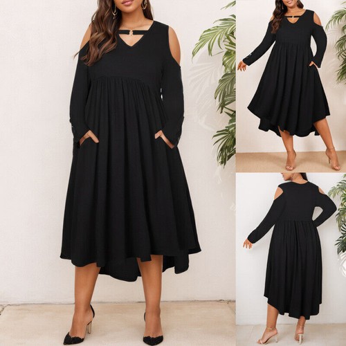Plus Size Women Gothic Cold Shoulder Midi Dress Pockets Ruffle Swing Party Dress - Picture 15 of 16