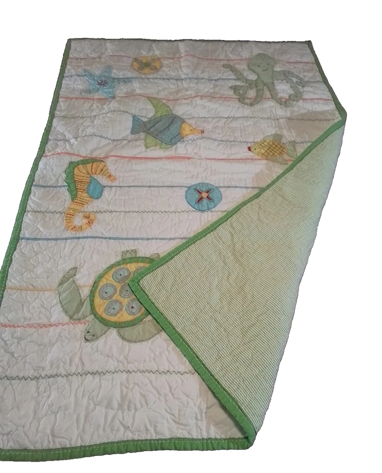 Pottery Barn Kids Ocean Critters Crib Quilt Sea Life Turtle Fish Crab Seahorse - Image 3 of 4