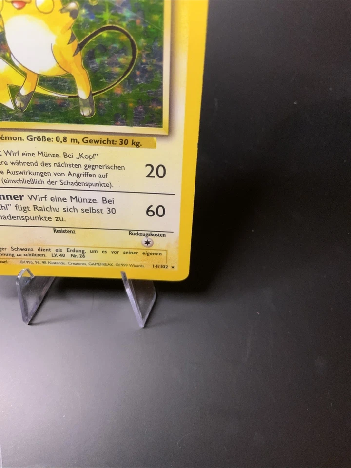 Raichu Holo Base Set 14/102 GERMAN Vintage Pokémon Card 1999 Creased MP WOTC - Image 3 of 4