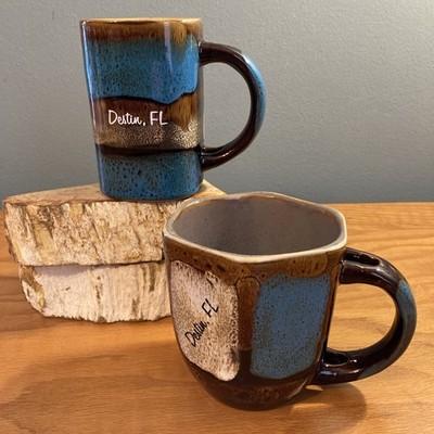 Set Of Two Similar yet Different Destin FL Mugs Blue and Brown Square, Hexagonal