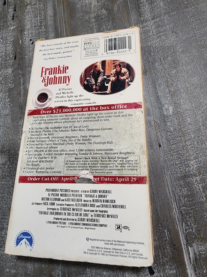 FRANKIE & JOHNNY (1992 VHS) Al Pacino Michelle Pfeifer PROMO SCREENER Rated R - Image 2 of 4