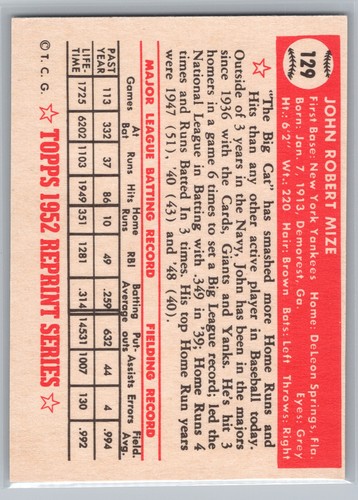 1983 Topps 1952 Reprint Series Johnny Mize #129 - Picture 2 of 2