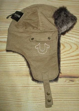 MENS TRUE RELIGION CORDUROY FAUX FUR LINED TRAPPER HAT CAMEL CAP