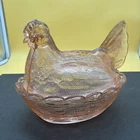 Vintage Pink Depression Glass Hen on Nest Covered Dish Large 7.75” Basket Weave