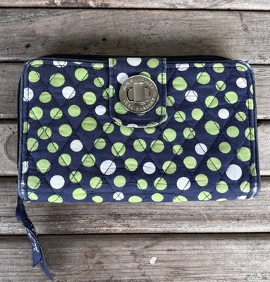 Vera Bradley Turnlock Wallet Lucky Dots Navy Green Quilted Zip Wallet **Read**