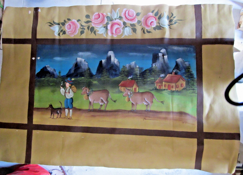Vintage unframed Swiss Folk Art Cow Farm Landscape Painting/Traditional!