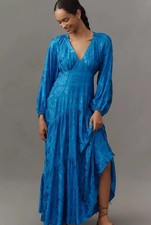 New Farm Rio Long-Sleeve V-Neck Jacquard Maxi Dress Blue S NWT