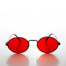 Small Black Vintage Oval Red Lens Sunglasses - Shaw