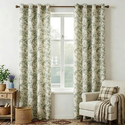 Green Floral Curtains for Living Room 84 Inches Long French Country Green Peo...