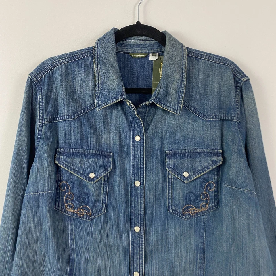Camisa Eddie Bauer Denim Perla Bordada a Presión Para Mujer 2XL Western Manga Larga Foto 2 de 4