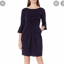 Eliza J Dress Navy Sheath Pleated Ruched Waist and Flounce Sleeve Size 6