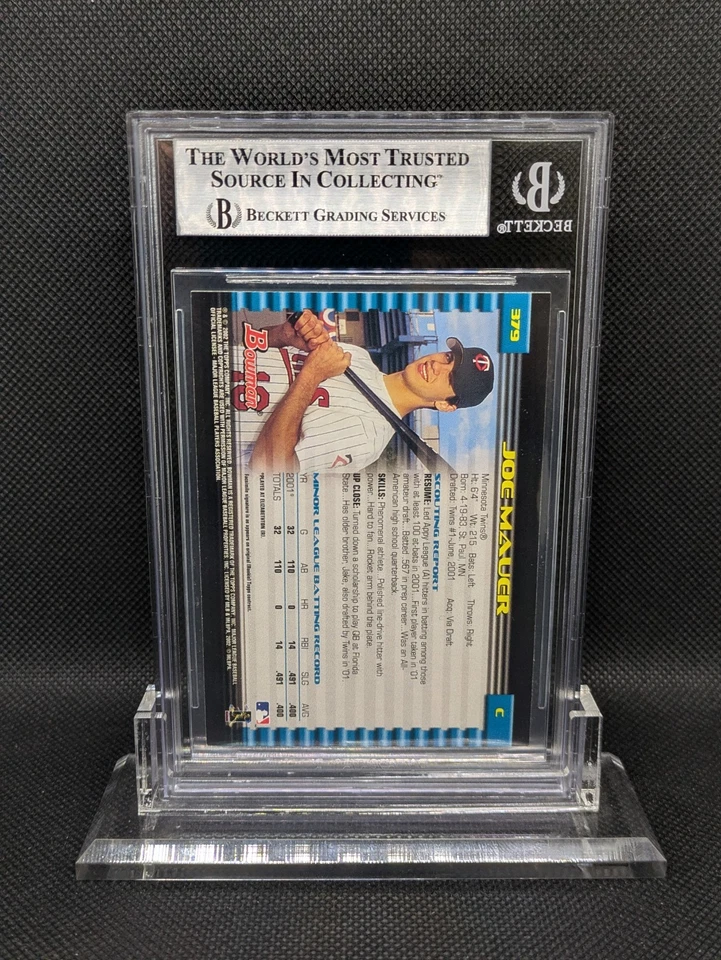 Tarjeta firmada por Joe Mauer 2002 Bowman Rookie RC #379 Beckett BAS automática Foto 2 de 2