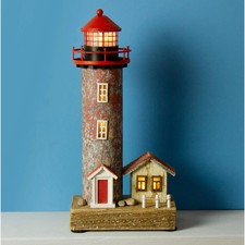 27cm Lighthouse with Led Light | Red Lighthouse Nautical Decor Coastal Scene