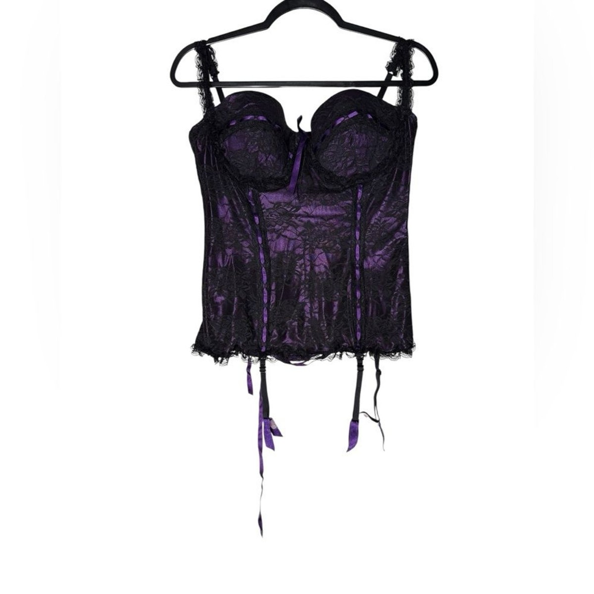 Frederick’s of Hollywood Purple Black Lace Corset Top Size Large Lingerie  gothic