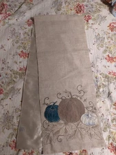 VINTAGE PUMPKIN HAND EMBROIDERY AND CROCHET DRESSER OR TABLE RUNNER 60" X 16" B7