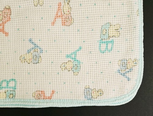 Vtg Carters Waffle Knit Thermal Baby Blanket Cotton ABC's Bunny Aqua Blue Trim - Picture 2 of 7