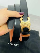 Auth Celine Black/Tan Triomphe Reversible Belt 25mm size 75