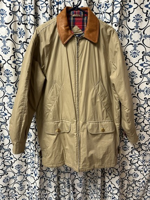 #ad #ad Splitrail Gant Vtg Barn Chore Jacket SZ S Tan Red Plaid Lining Leather Collar $50.00