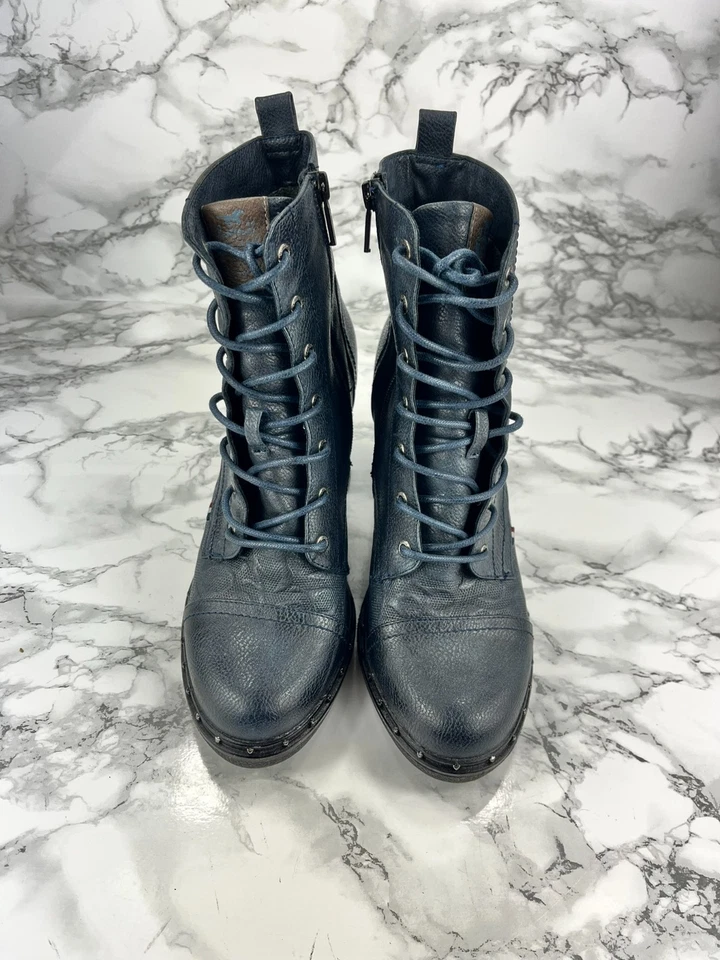 Mustang Combat Boots Women's Size UK 6.5 Blue Leather Lace Up Zipper Round Toe - Image 3 of 4