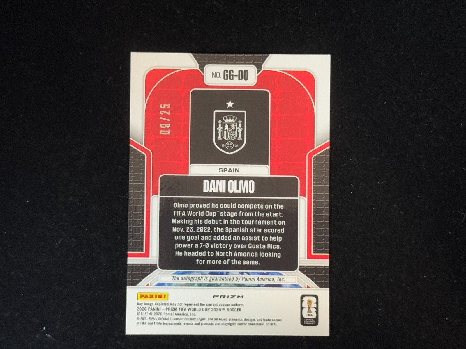 Dani Olmo 2026 Panini Prizm World Cup Global Graphs Auto 9/25 Spain #GG-DO view 2