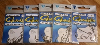 Gamakatsu 07110 Size 1 Offset Shank Worm Fishing Hooks Qty 6 x 5 Packs 
