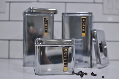 3 VINTAGE MCM LINCOLN WARE CHROME SQUARE CANISTERS - FLOUR, SUGAR, COFFEE