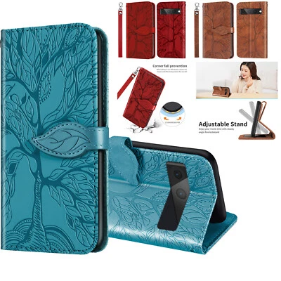 Phone Case Cover for Google 7 8 Pro Tree Embossing PU Leather Flip Wallet Case - Image 1 of 4