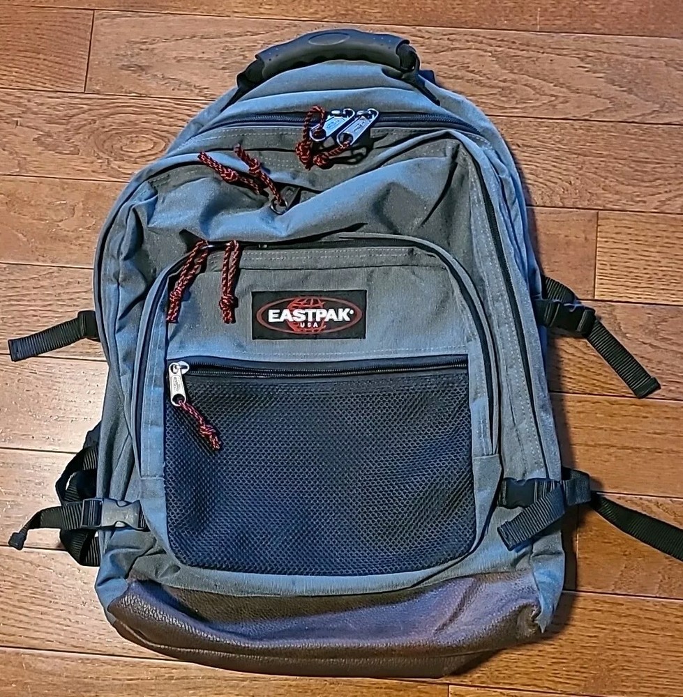 Vintage Eastpak USA 1990s Gray Backpack Leather Bottom Side Straps