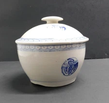 Vintage Pottery Pot Covered Serving Dish W/ Lid Crane/Heron Design Blue Ivory