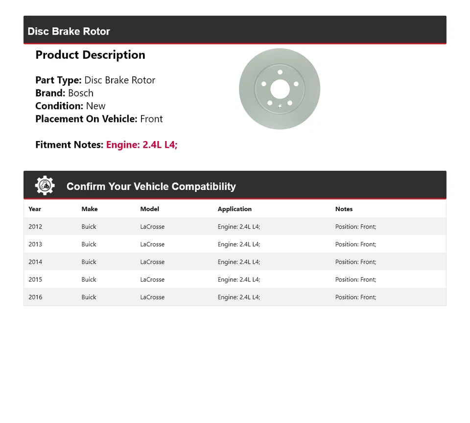 Rotor de freno de disco delantero 2013 para Buick LaCrosse 2012-2016 2,4 L L4 Bosch QuietCast Foto 2 de 4