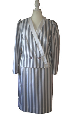 Sears: The Fashion Place 2 pc skirt suit gray and white striped 100% Polyester 