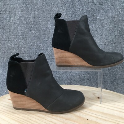 Toms Boots Womens Kelsey Chelsea Booties Black Leather Wedge Heels Pull  On