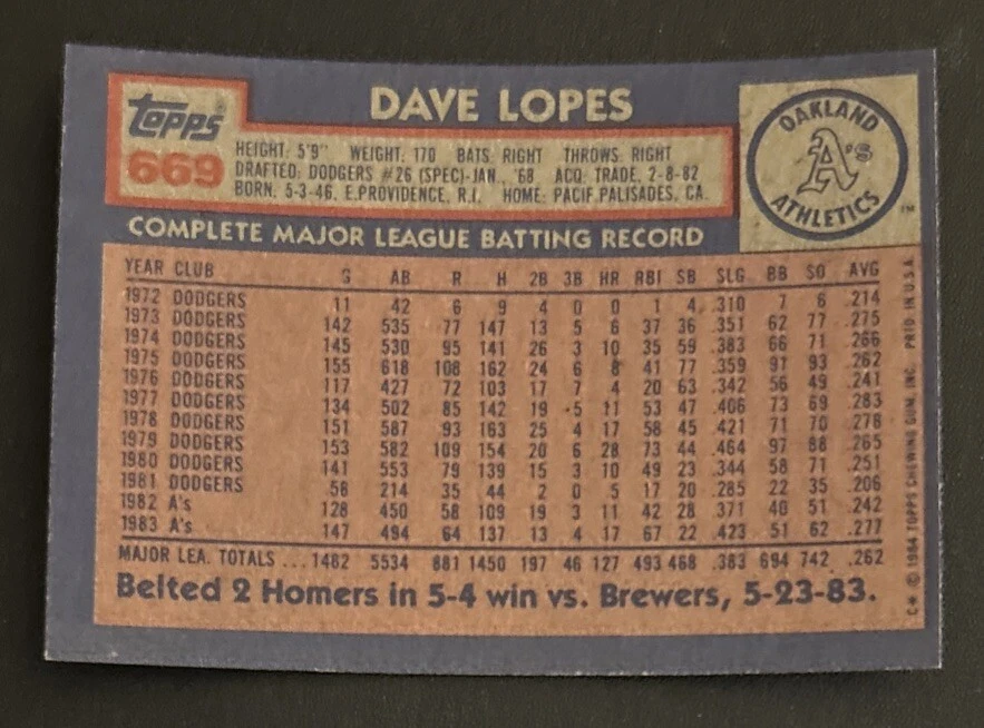 1984 Topps Dave Lopes Baseball Card #669 Athletics 2BVG O/C - Image 2 of 2