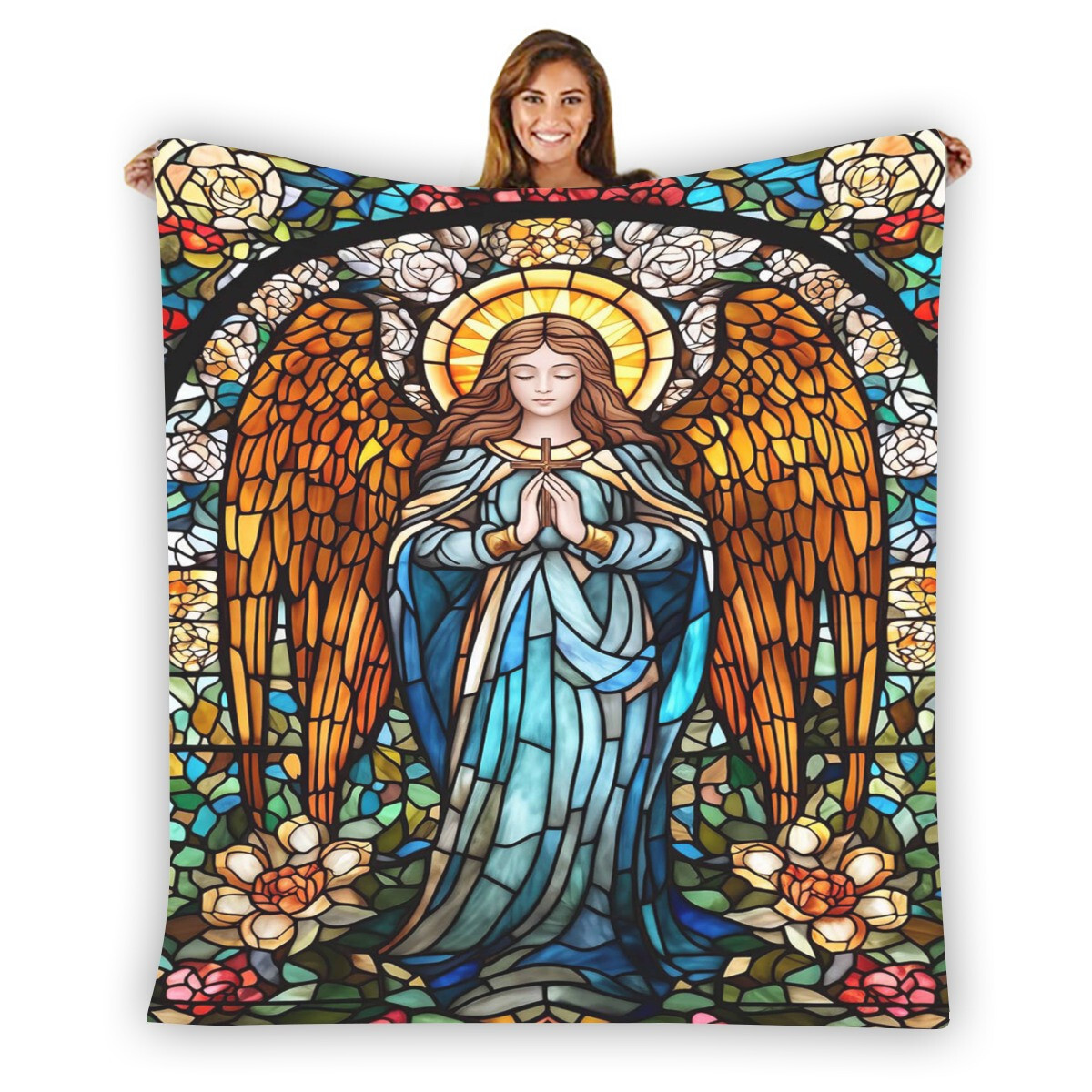 Stained Glass Blessed Soft Warm Single-Side Printing Flannel Fleece Blanket