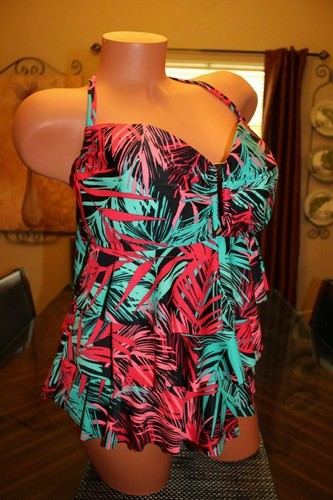 Catalina Swim Tankini Top Ruffle Open Back Tropical Size Small - Picture 3 of 4