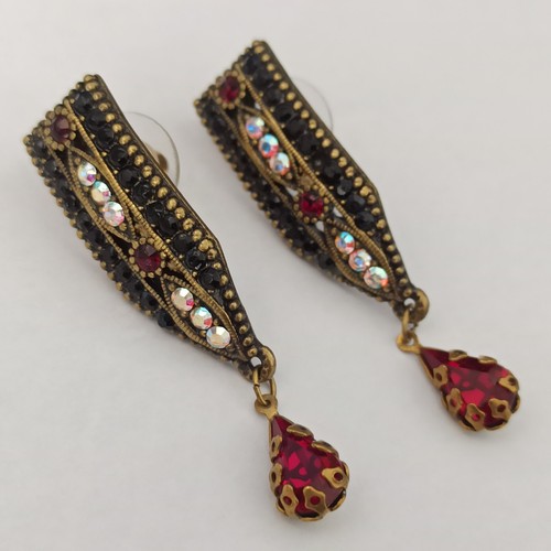 Michal Negrin Earrings Black Red Aurora Borealis Crystals Geometric Post Deco - Picture 10 of 15