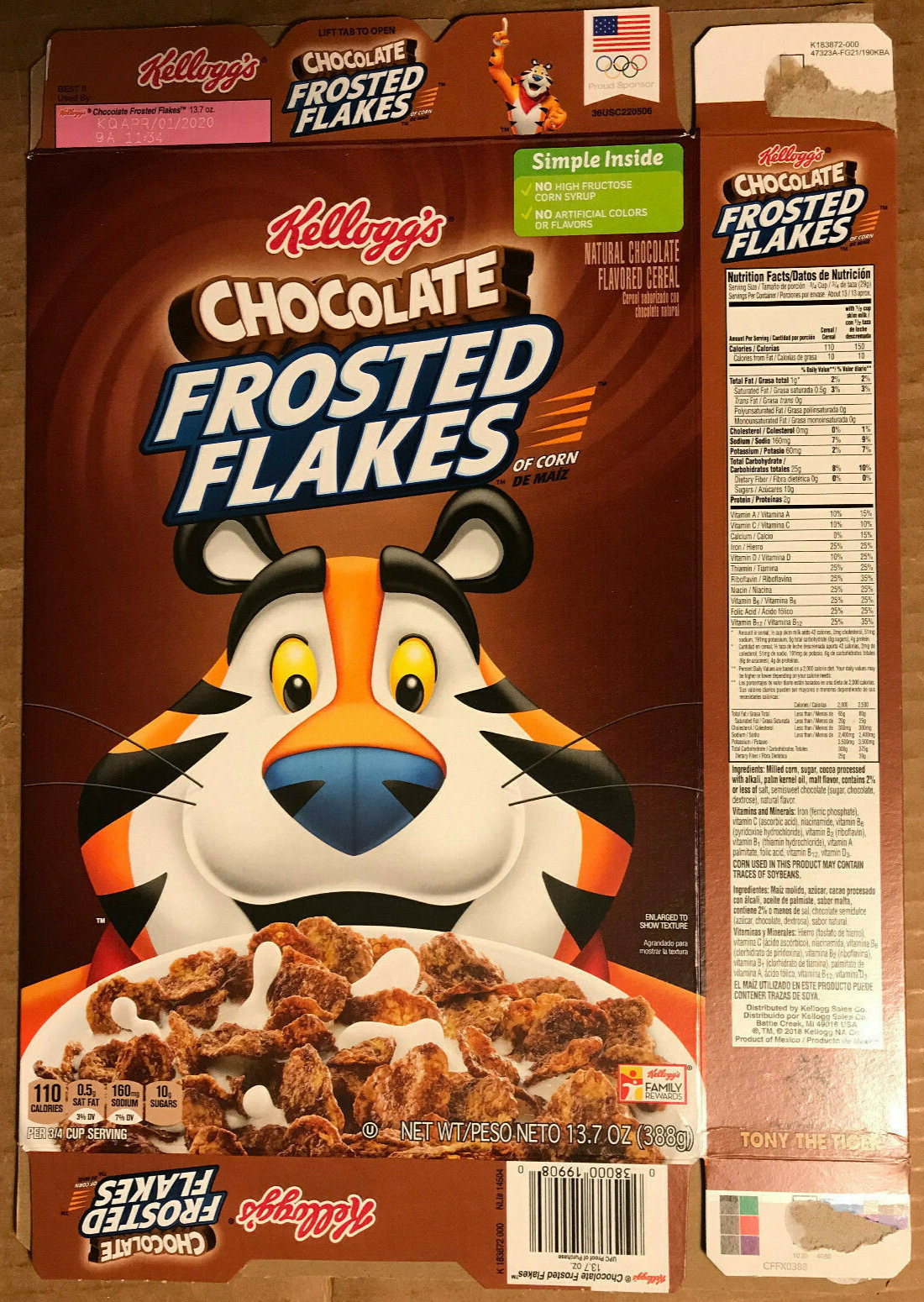 Kellogg's Chocolate Frosted Flakes Cereal Box Tony The Tiger FLAT EMPTY BOX  2019