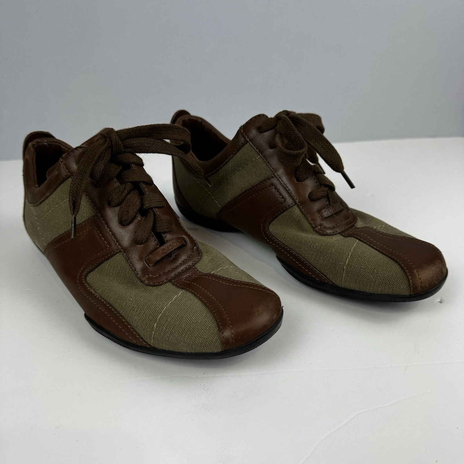 Baskets sport décontractées vintage en toile et cuir vert olive Gucci taille 5,5B EU35,5