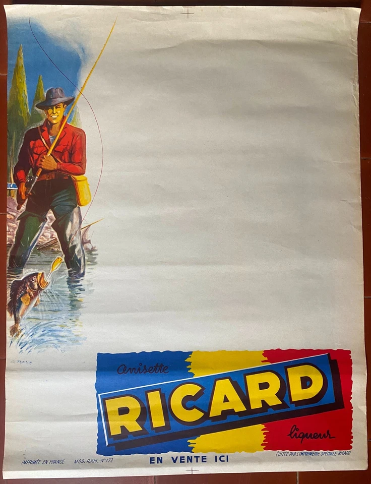 Affiche RICARD ANISETTE LIQUEUR Pêche Pêcheur Apéritif Potier 50x65cm 50's - Photo 1/1