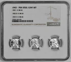 1943 P D S 1c Lincoln Steel Wheat Cent Set NGC Graded MS 65 Three Coin Holder