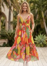 Farm Rio SzL Neon Floral Bird Tropical Cotton V-Neck Tie Ruffle Midi Dress NWT