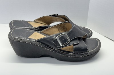 Thom McAn Leather Slip-on Sandals Strappy Wedge Black Women s Size 9W