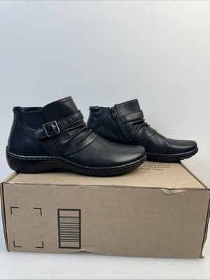Clarks Womens 8 1/2 Cora Rouched Ankle Boot Black Leather Buckle Side Zip