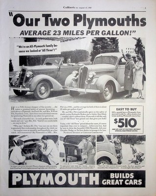 Original 1936 Vintage Print Ad: Our Two Plymouths Average 23 miles per Gallon