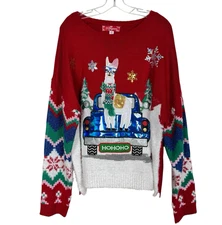 33 Degrees Women's Ugly Christmas Sweater 3X Red Llama In Truck Holiday Party