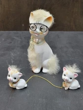 Vtg Artmark Japan Mother Cat w/ 2 Kittens on Chains Ceramic Set Nice!