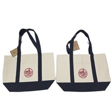Trader Joe's Large Canvas Tote Bag Blue White Heavy Cotton Reusable Lot of 2 