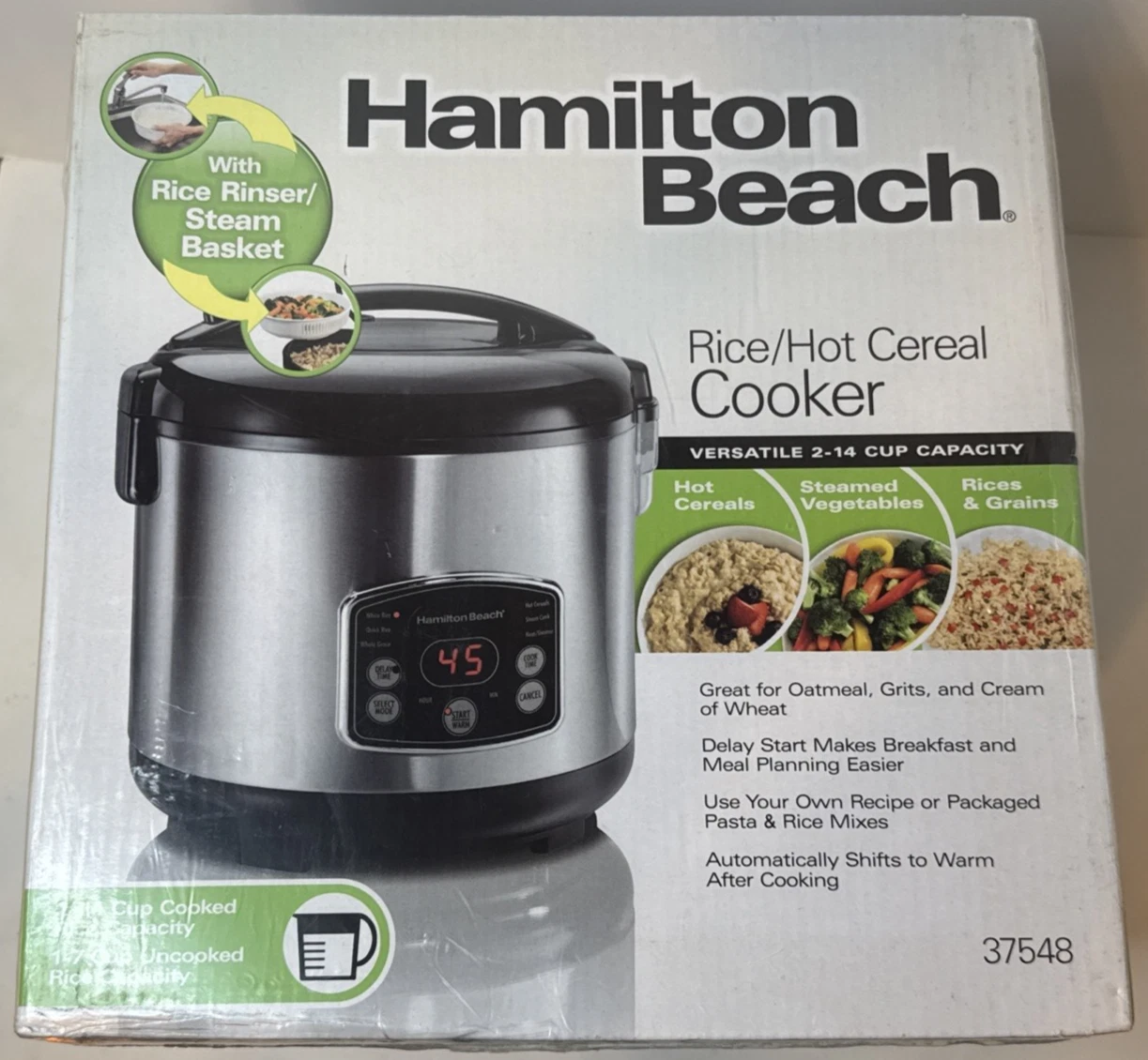 Hamilton Beach 37548 Rice Cooker & Steamer 2-14 Cup Silver Black w/ Basket